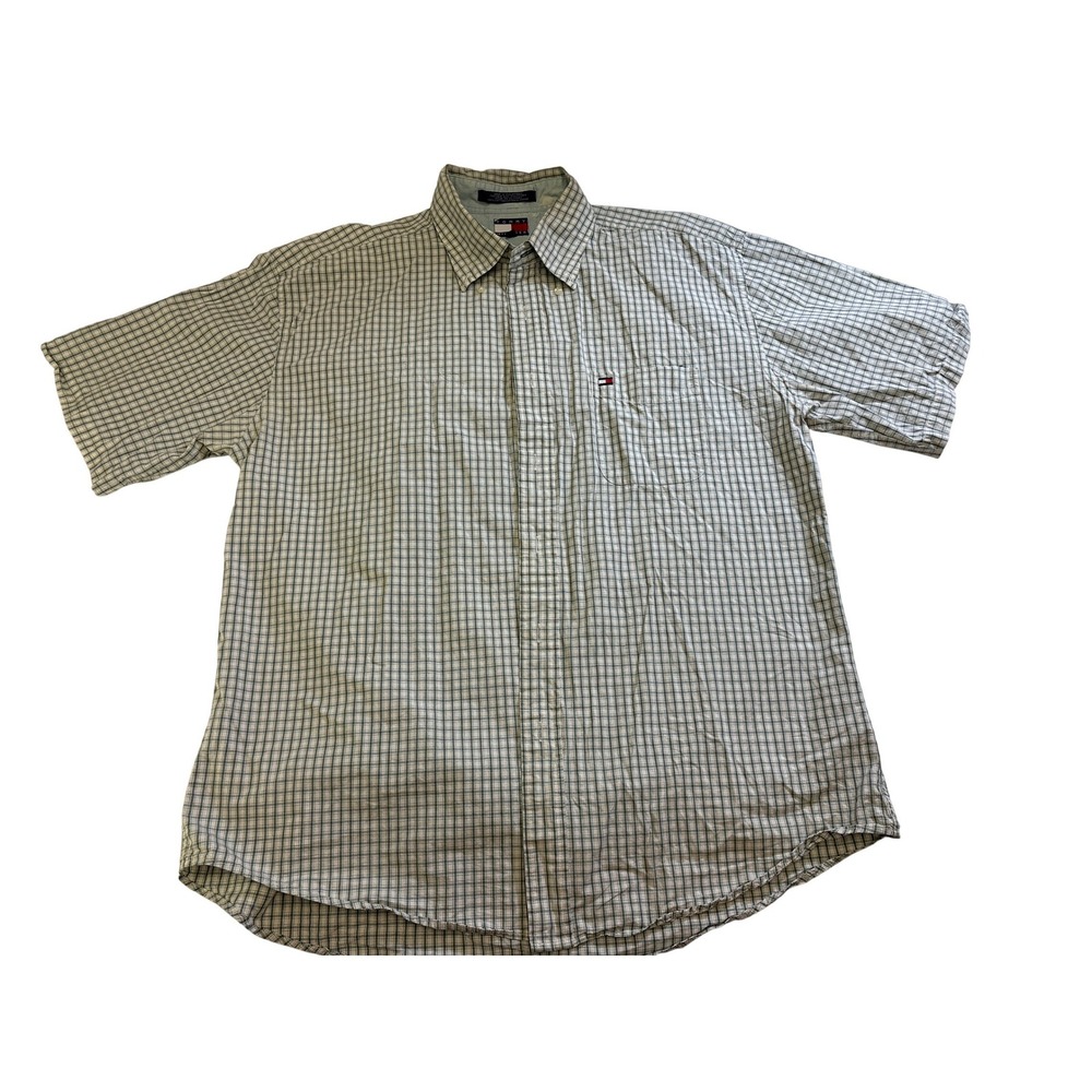 Tommy Hilfiger men's XL green and white plaid cotton button-down shirt.